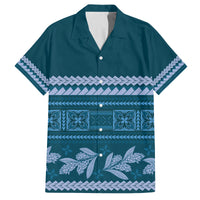 Dark Cyan Samoa Siapo Teuila Flowers Family Matching Long Sleeve Bodycon Dress and Hawaiian Shirt LT14 Dad's Shirt - Short Sleeve Dark Cyan - Polynesian Pride