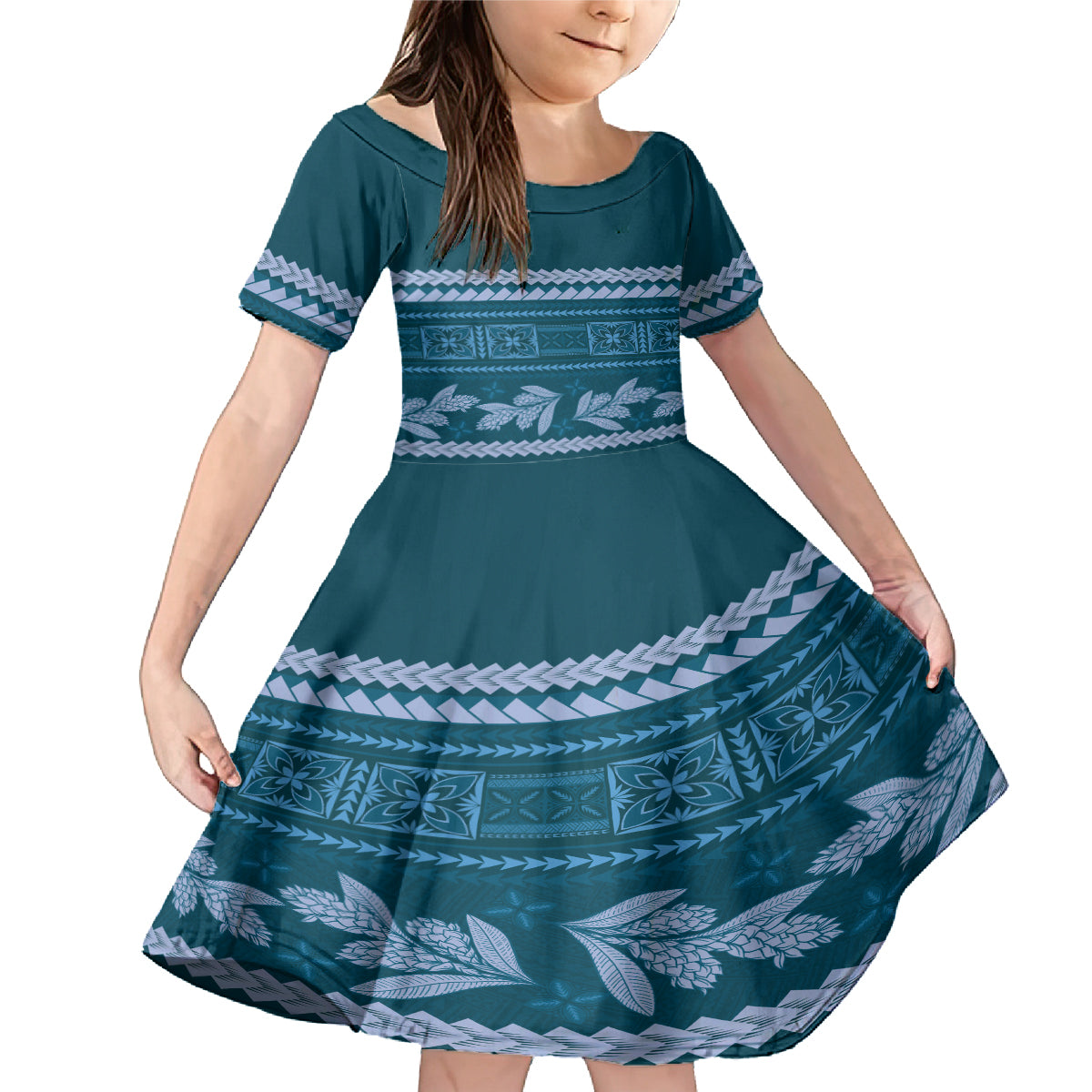 Dark Cyan Samoa Siapo Teuila Flowers Family Matching Mermaid Dress and Hawaiian Shirt LT14 Daughter's Dress Dark Cyan - Polynesian Pride