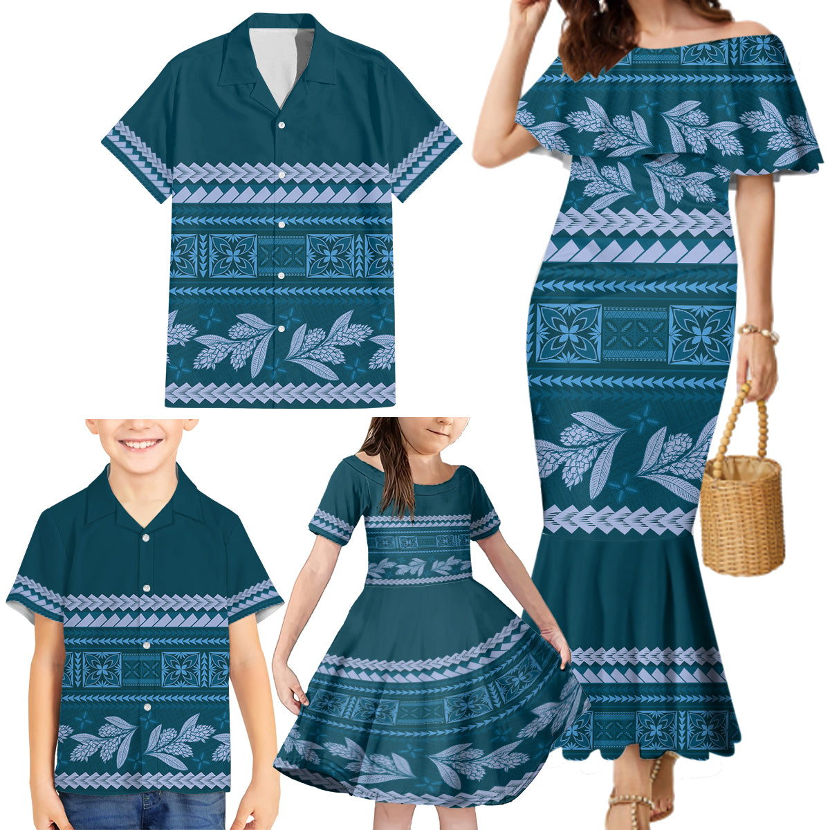 Dark Cyan Samoa Siapo Teuila Flowers Family Matching Mermaid Dress and Hawaiian Shirt LT14 - Polynesian Pride