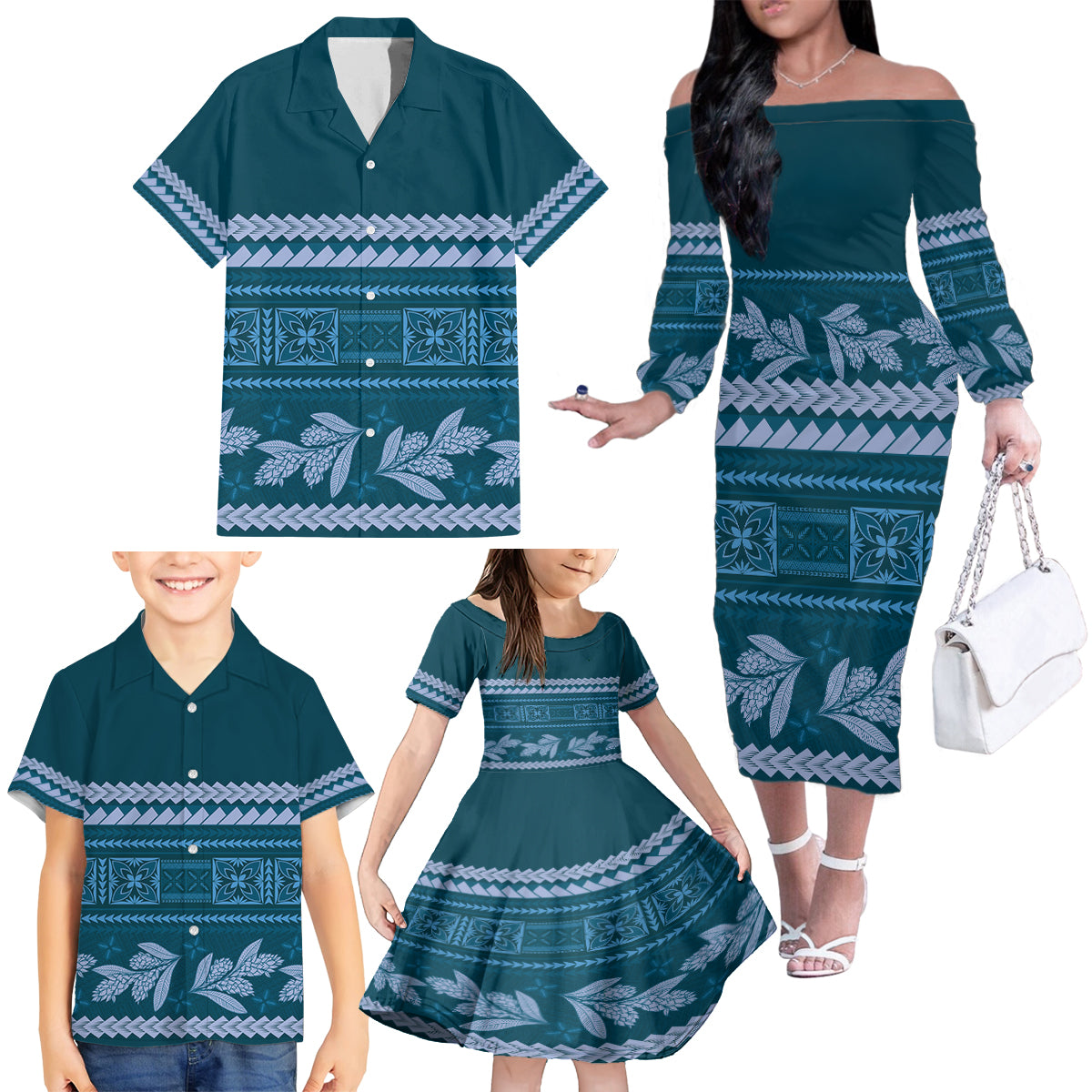 Dark Cyan Samoa Siapo Teuila Flowers Family Matching Off The Shoulder Long Sleeve Dress and Hawaiian Shirt LT14 - Polynesian Pride