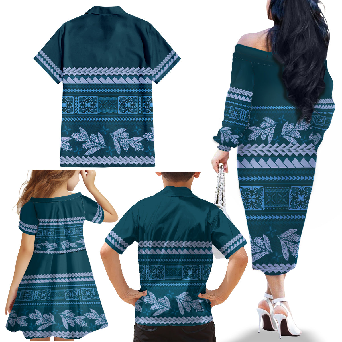 Dark Cyan Samoa Siapo Teuila Flowers Family Matching Off The Shoulder Long Sleeve Dress and Hawaiian Shirt LT14 - Polynesian Pride