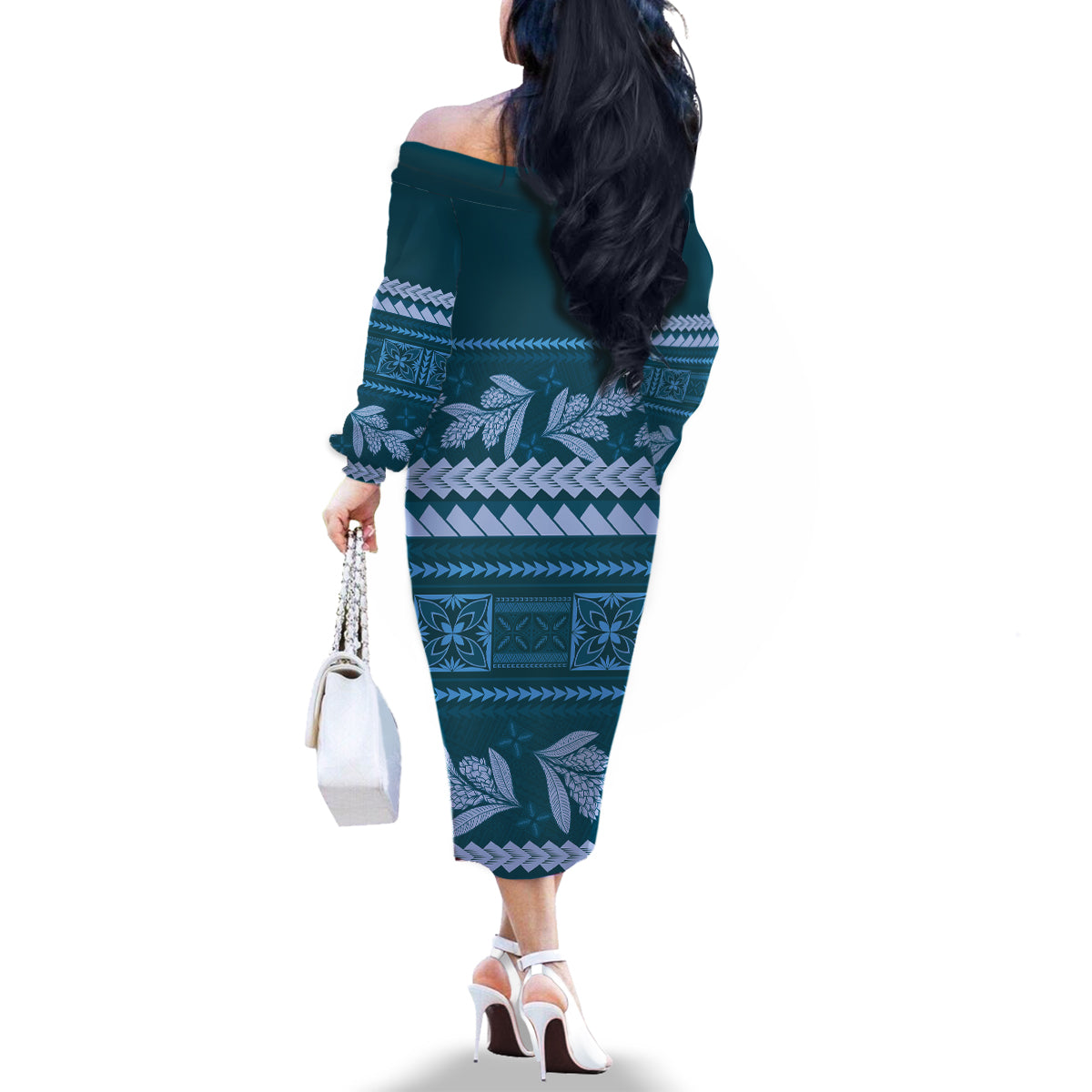 Dark Cyan Samoa Siapo Teuila Flowers Family Matching Off The Shoulder Long Sleeve Dress and Hawaiian Shirt LT14 - Polynesian Pride