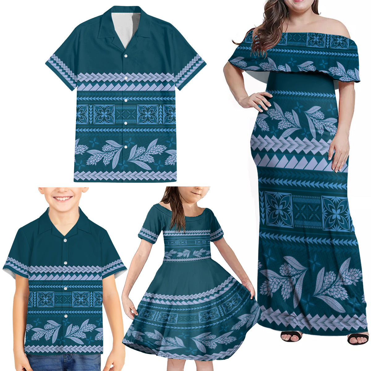 Dark Cyan Samoa Siapo Teuila Flowers Family Matching Off Shoulder Maxi Dress and Hawaiian Shirt LT14 - Polynesian Pride