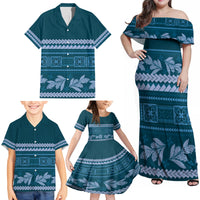 Dark Cyan Samoa Siapo Teuila Flowers Family Matching Off Shoulder Maxi Dress and Hawaiian Shirt LT14 - Polynesian Pride