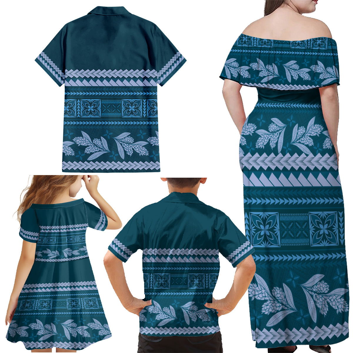 Dark Cyan Samoa Siapo Teuila Flowers Family Matching Off Shoulder Maxi Dress and Hawaiian Shirt LT14 - Polynesian Pride