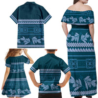 Dark Cyan Samoa Siapo Teuila Flowers Family Matching Off Shoulder Maxi Dress and Hawaiian Shirt LT14 - Polynesian Pride