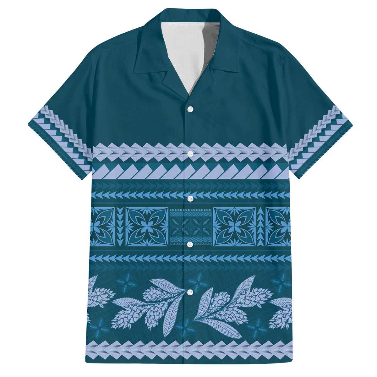 Dark Cyan Samoa Siapo Teuila Flowers Family Matching Off Shoulder Maxi Dress and Hawaiian Shirt LT14 Dad's Shirt - Short Sleeve Dark Cyan - Polynesian Pride