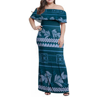 Dark Cyan Samoa Siapo Teuila Flowers Family Matching Off Shoulder Maxi Dress and Hawaiian Shirt LT14 Mom's Dress Dark Cyan - Polynesian Pride