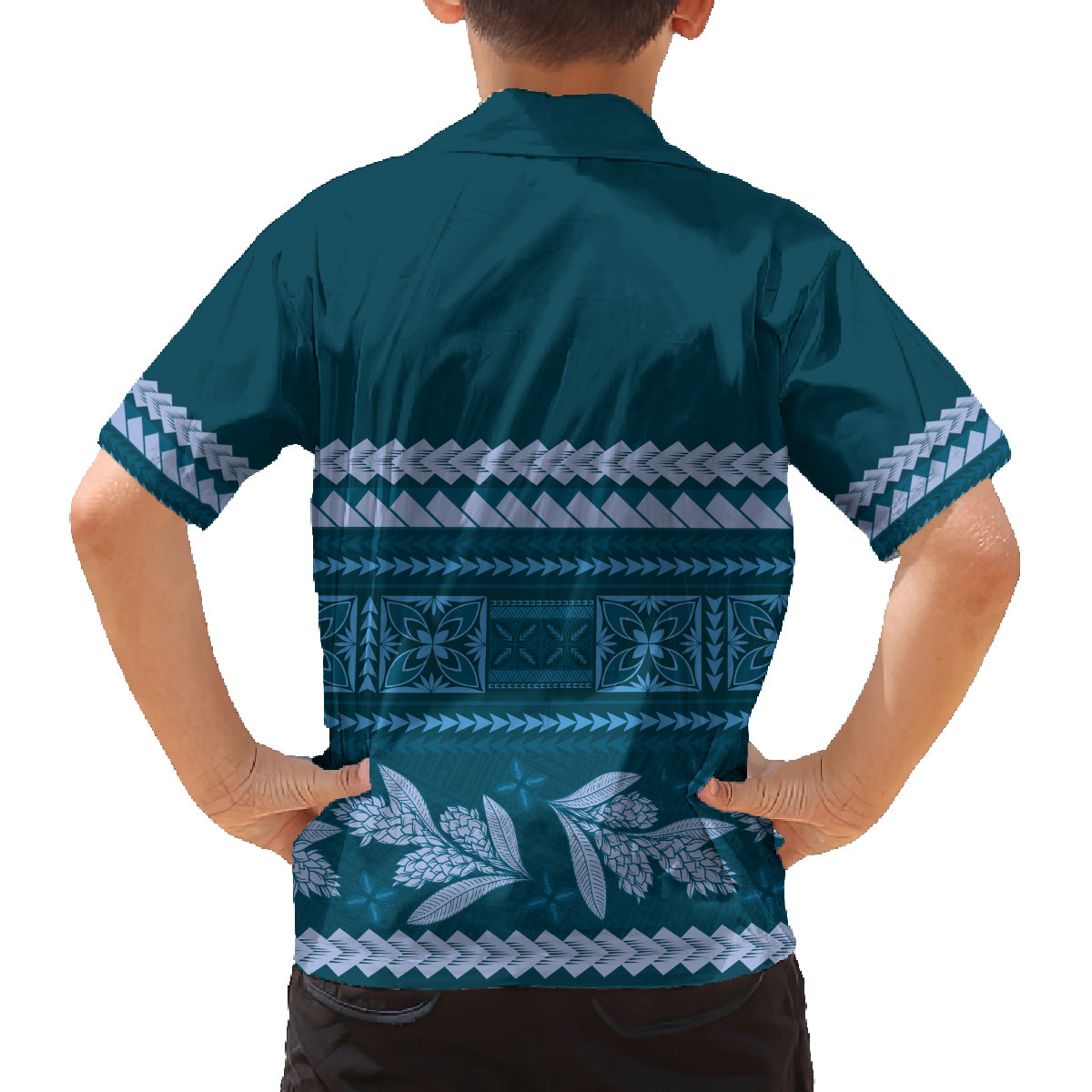 Dark Cyan Samoa Siapo Teuila Flowers Family Matching Off Shoulder Short Dress and Hawaiian Shirt LT14 - Polynesian Pride
