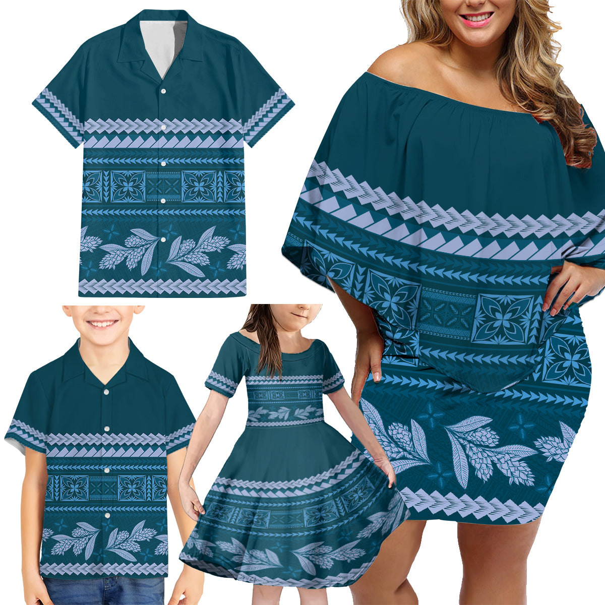 Dark Cyan Samoa Siapo Teuila Flowers Family Matching Off Shoulder Short Dress and Hawaiian Shirt LT14 - Polynesian Pride