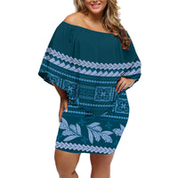 Dark Cyan Samoa Siapo Teuila Flowers Family Matching Off Shoulder Short Dress and Hawaiian Shirt LT14 Mom's Dress Dark Cyan - Polynesian Pride