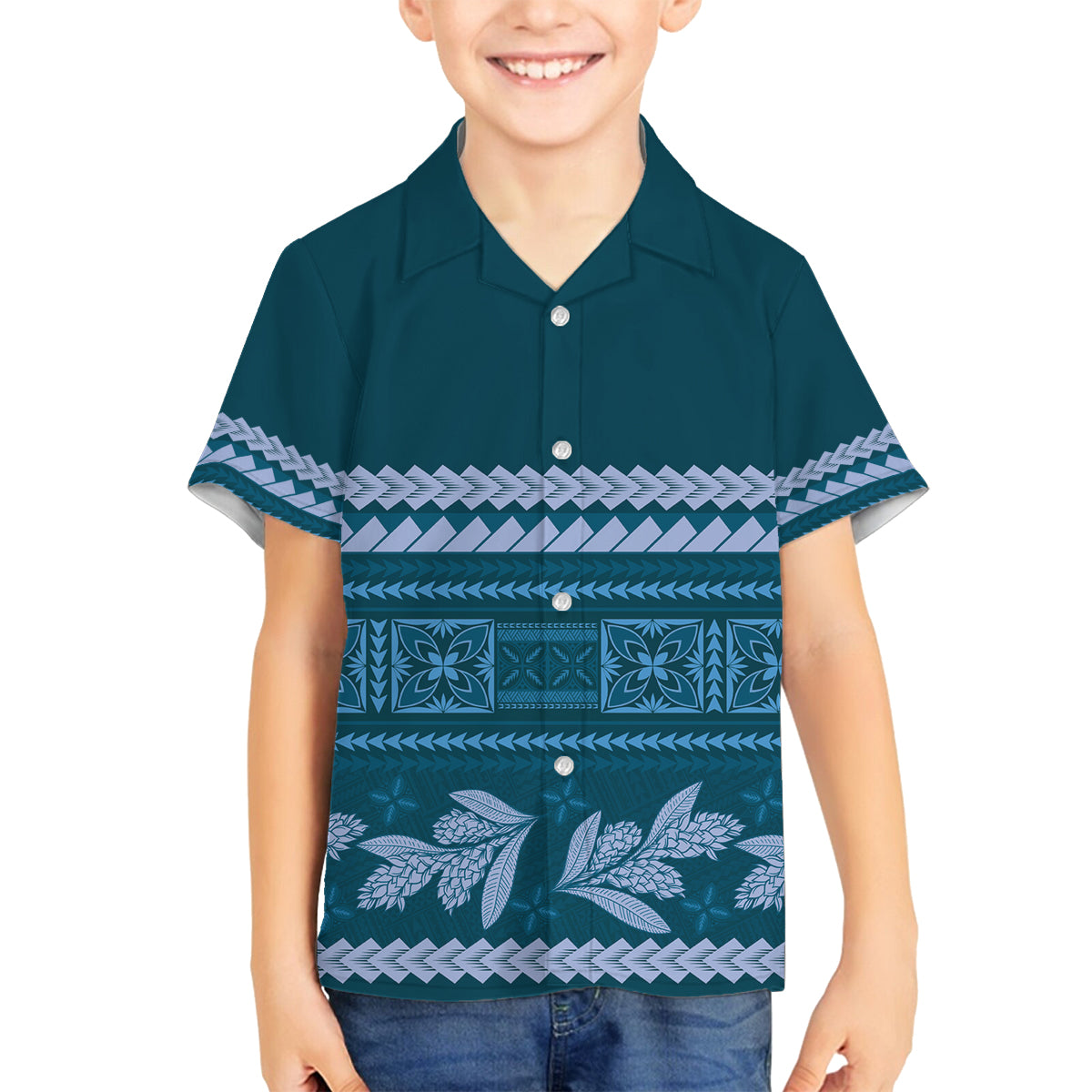 Dark Cyan Samoa Siapo Teuila Flowers Family Matching Off Shoulder Short Dress and Hawaiian Shirt LT14 Son's Shirt Dark Cyan - Polynesian Pride