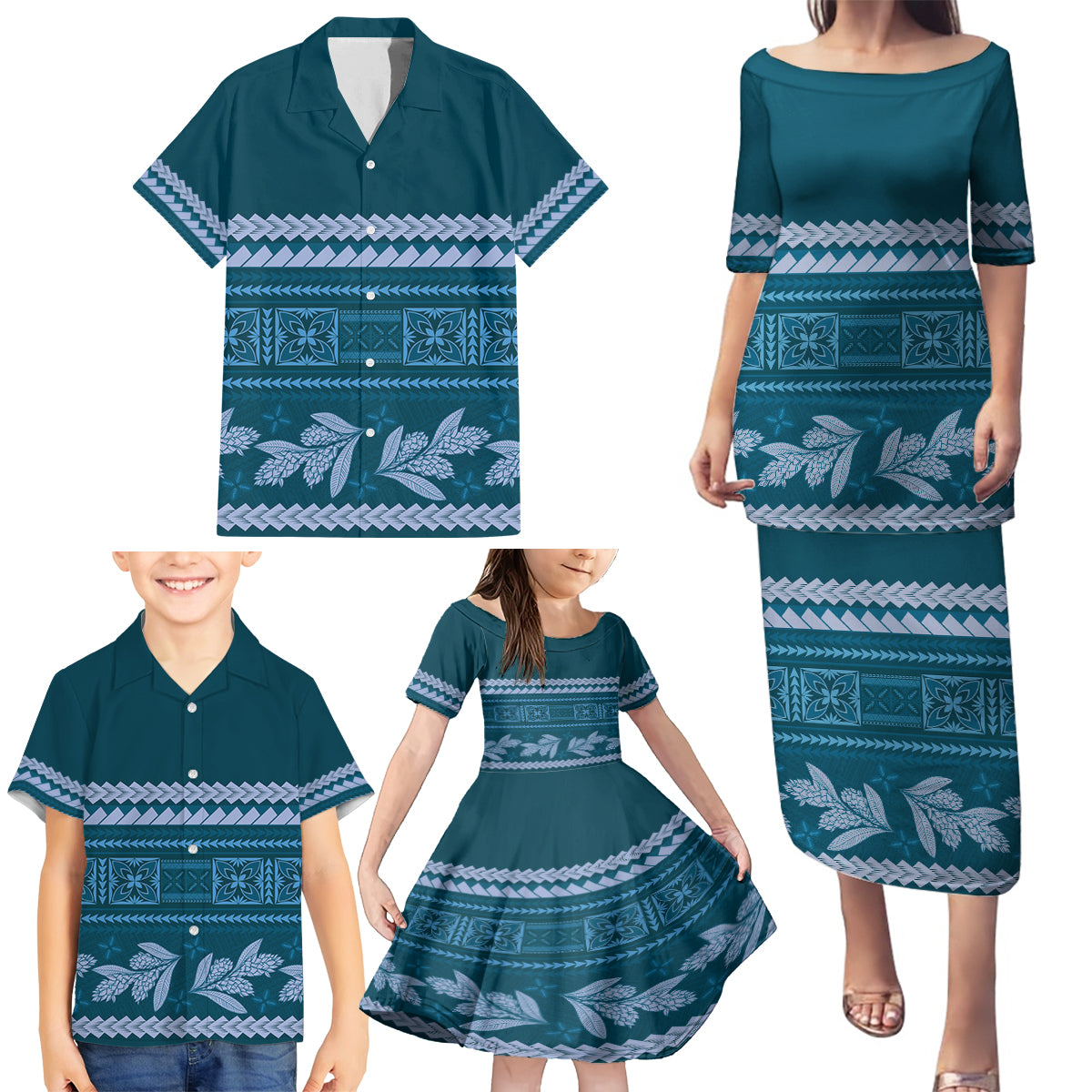 Dark Cyan Samoa Siapo Teuila Flowers Family Matching Puletasi and Hawaiian Shirt LT14 - Polynesian Pride