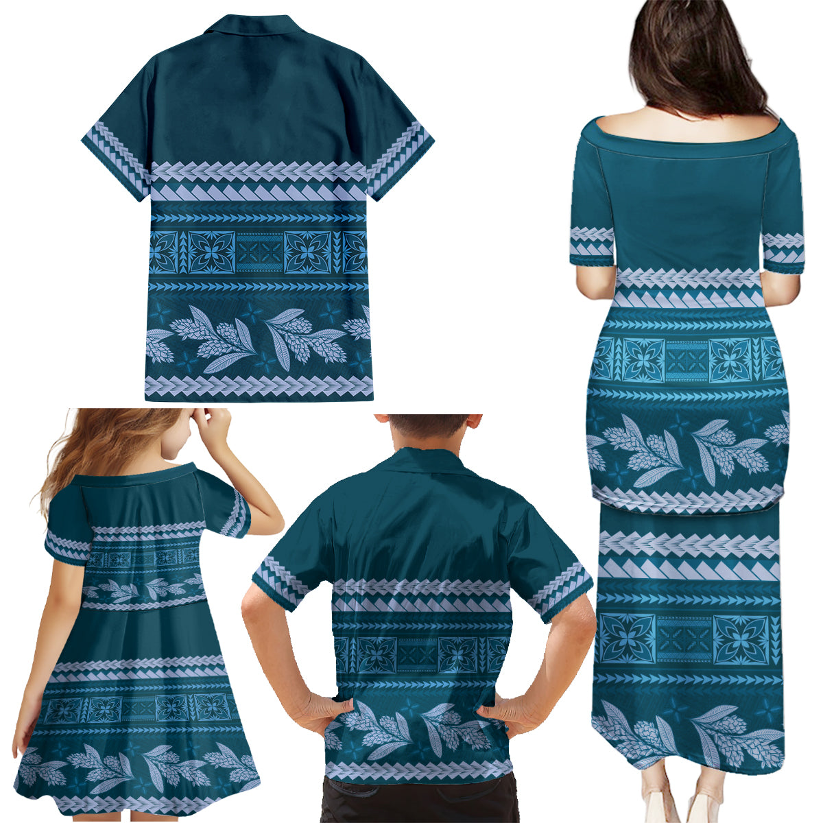 Dark Cyan Samoa Siapo Teuila Flowers Family Matching Puletasi and Hawaiian Shirt LT14 - Polynesian Pride