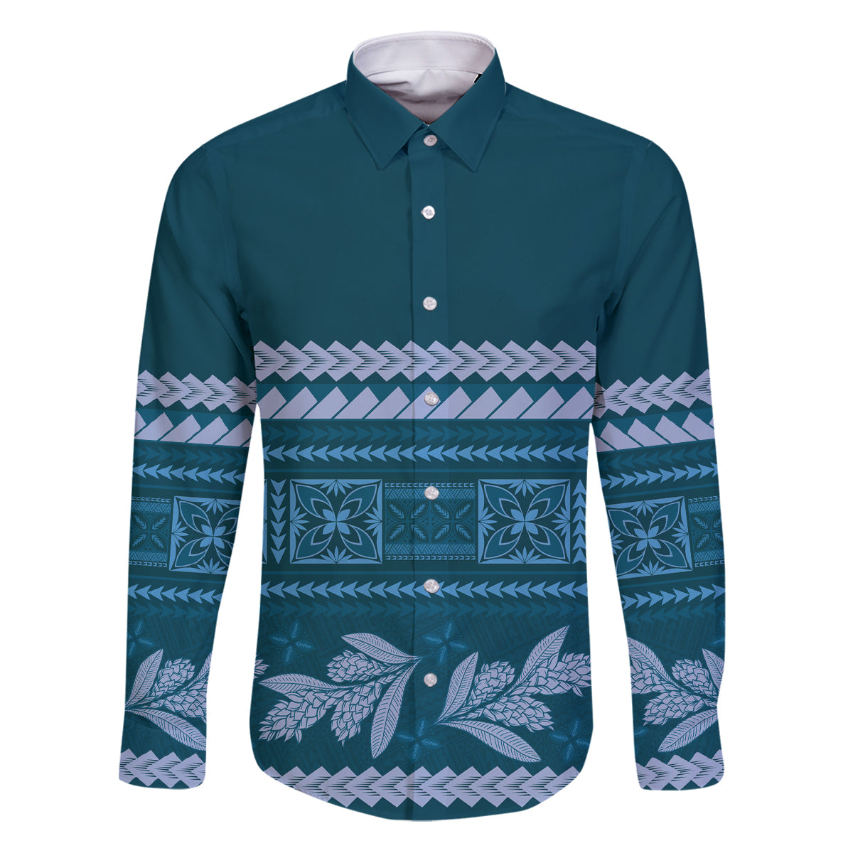Dark Cyan Samoa Siapo Teuila Flowers Family Matching Puletasi and Hawaiian Shirt LT14 Dad's Shirt - Long Sleeve Dark Cyan - Polynesian Pride