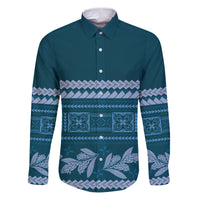 Dark Cyan Samoa Siapo Teuila Flowers Family Matching Puletasi and Hawaiian Shirt LT14 Dad's Shirt - Long Sleeve Dark Cyan - Polynesian Pride