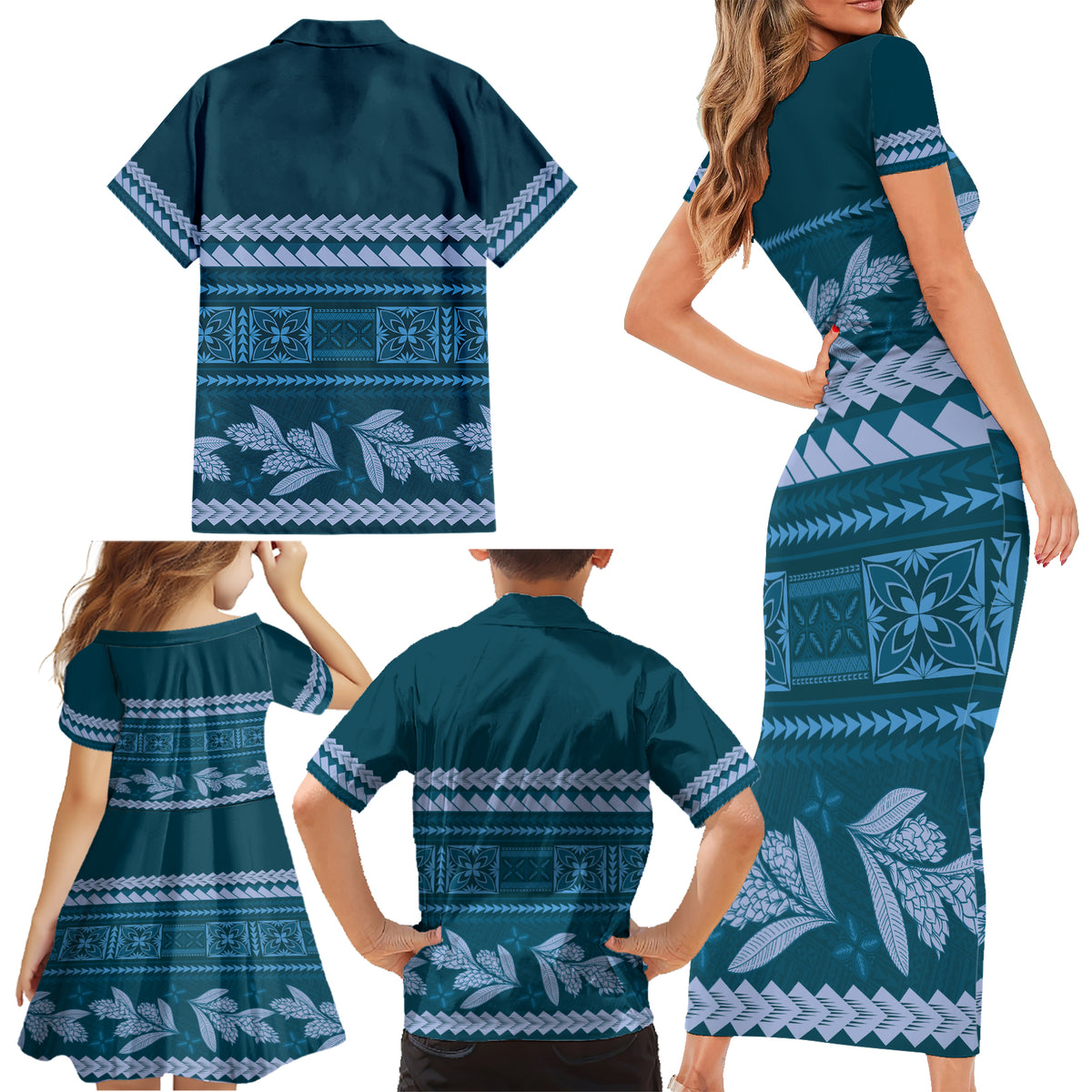 Dark Cyan Samoa Siapo Teuila Flowers Family Matching Short Sleeve Bodycon Dress and Hawaiian Shirt LT14 - Polynesian Pride