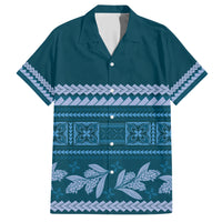 Dark Cyan Samoa Siapo Teuila Flowers Family Matching Short Sleeve Bodycon Dress and Hawaiian Shirt LT14 Dad's Shirt - Short Sleeve Dark Cyan - Polynesian Pride