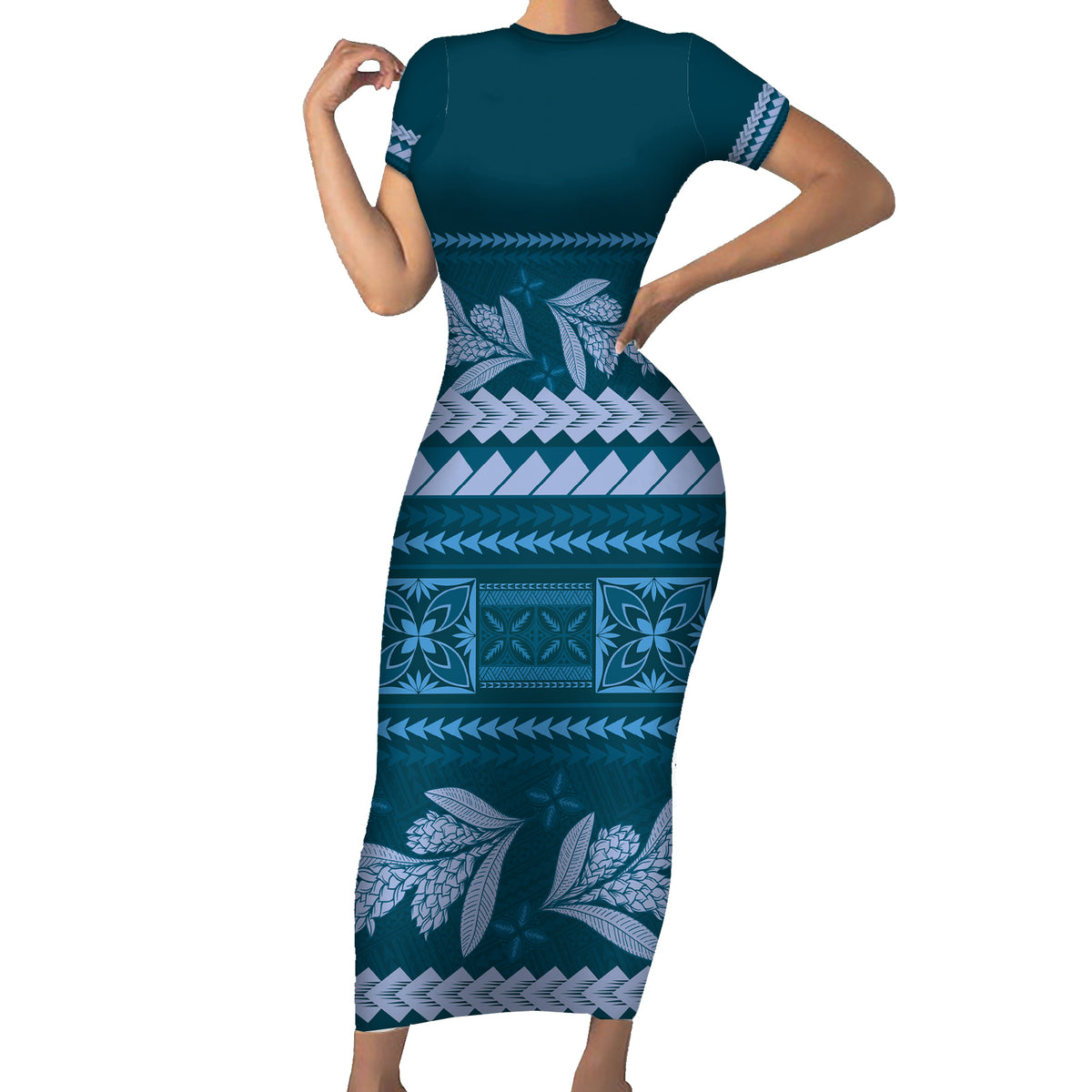 Dark Cyan Samoa Siapo Teuila Flowers Family Matching Short Sleeve Bodycon Dress and Hawaiian Shirt LT14 Mom's Dress Dark Cyan - Polynesian Pride
