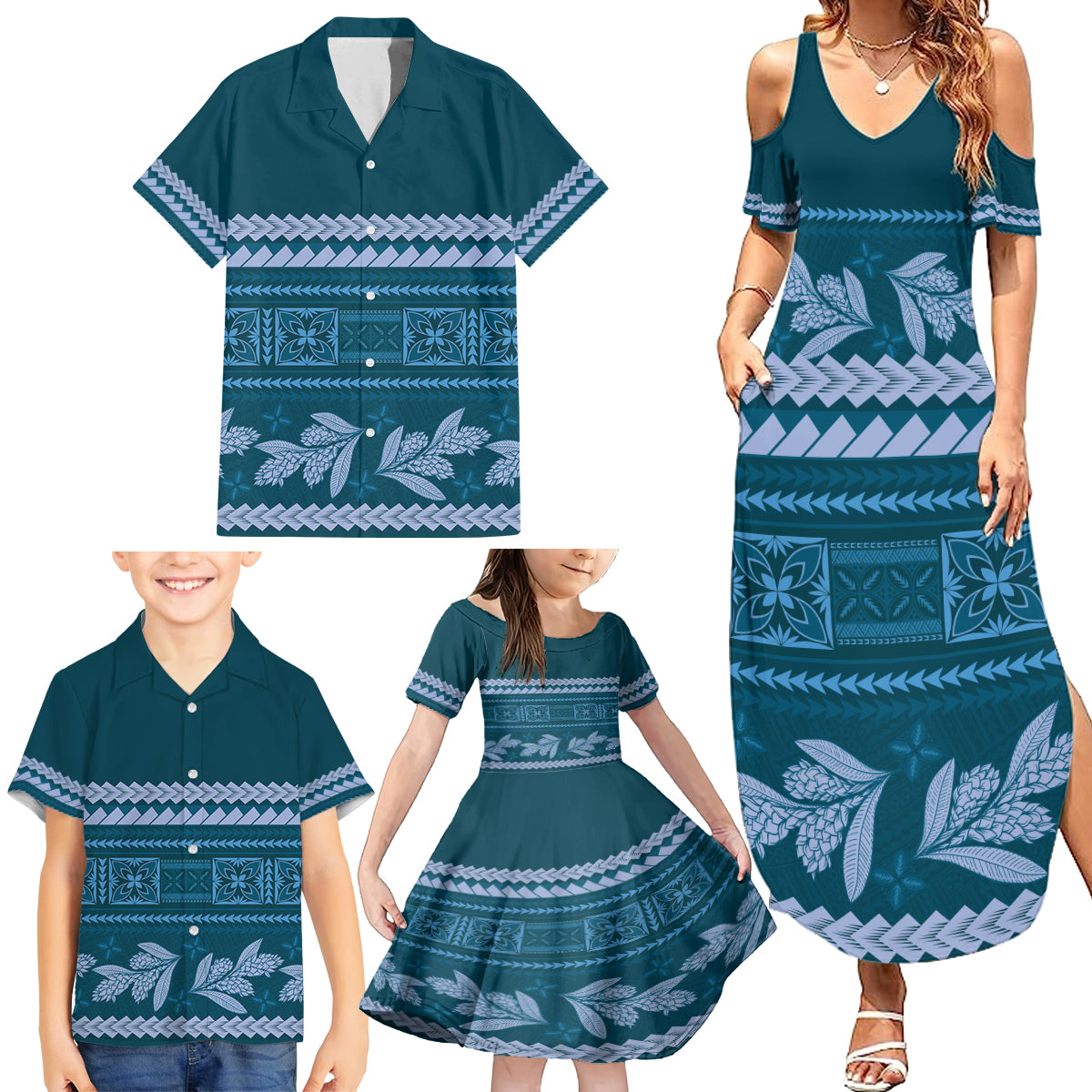 Dark Cyan Samoa Siapo Teuila Flowers Family Matching Summer Maxi Dress and Hawaiian Shirt LT14 - Polynesian Pride