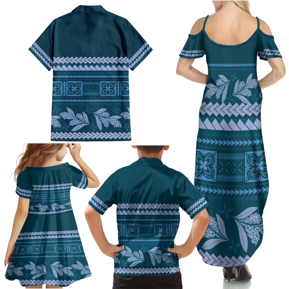 Dark Cyan Samoa Siapo Teuila Flowers Family Matching Summer Maxi Dress and Hawaiian Shirt LT14 - Polynesian Pride