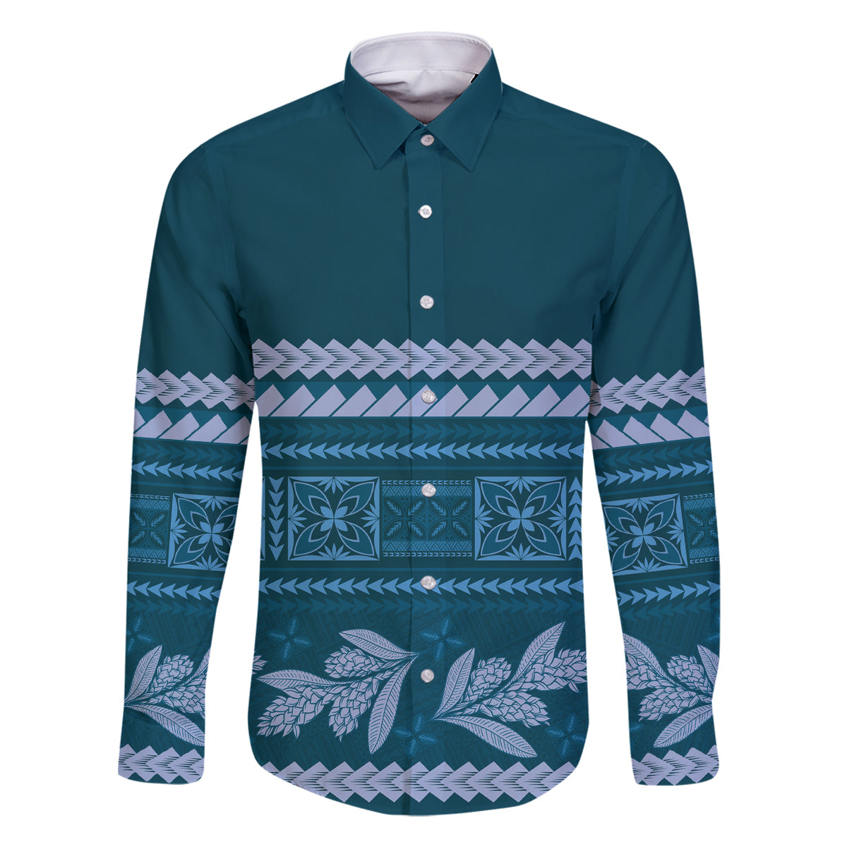 Dark Cyan Samoa Siapo Teuila Flowers Family Matching Summer Maxi Dress and Hawaiian Shirt LT14 Dad's Shirt - Long Sleeve Dark Cyan - Polynesian Pride