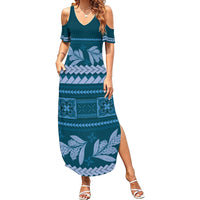 Dark Cyan Samoa Siapo Teuila Flowers Family Matching Summer Maxi Dress and Hawaiian Shirt LT14 Mom's Dress Dark Cyan - Polynesian Pride