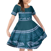 Dark Cyan Samoa Siapo Teuila Flowers Family Matching Tank Maxi Dress and Hawaiian Shirt LT14 Daughter's Dress Dark Cyan - Polynesian Pride