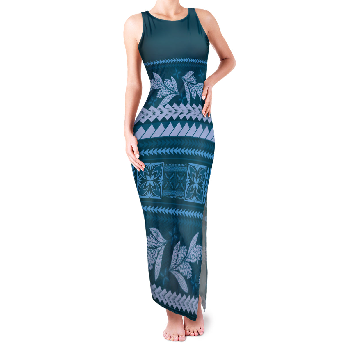 Dark Cyan Samoa Siapo Teuila Flowers Family Matching Tank Maxi Dress and Hawaiian Shirt LT14 Mom's Dress Dark Cyan - Polynesian Pride
