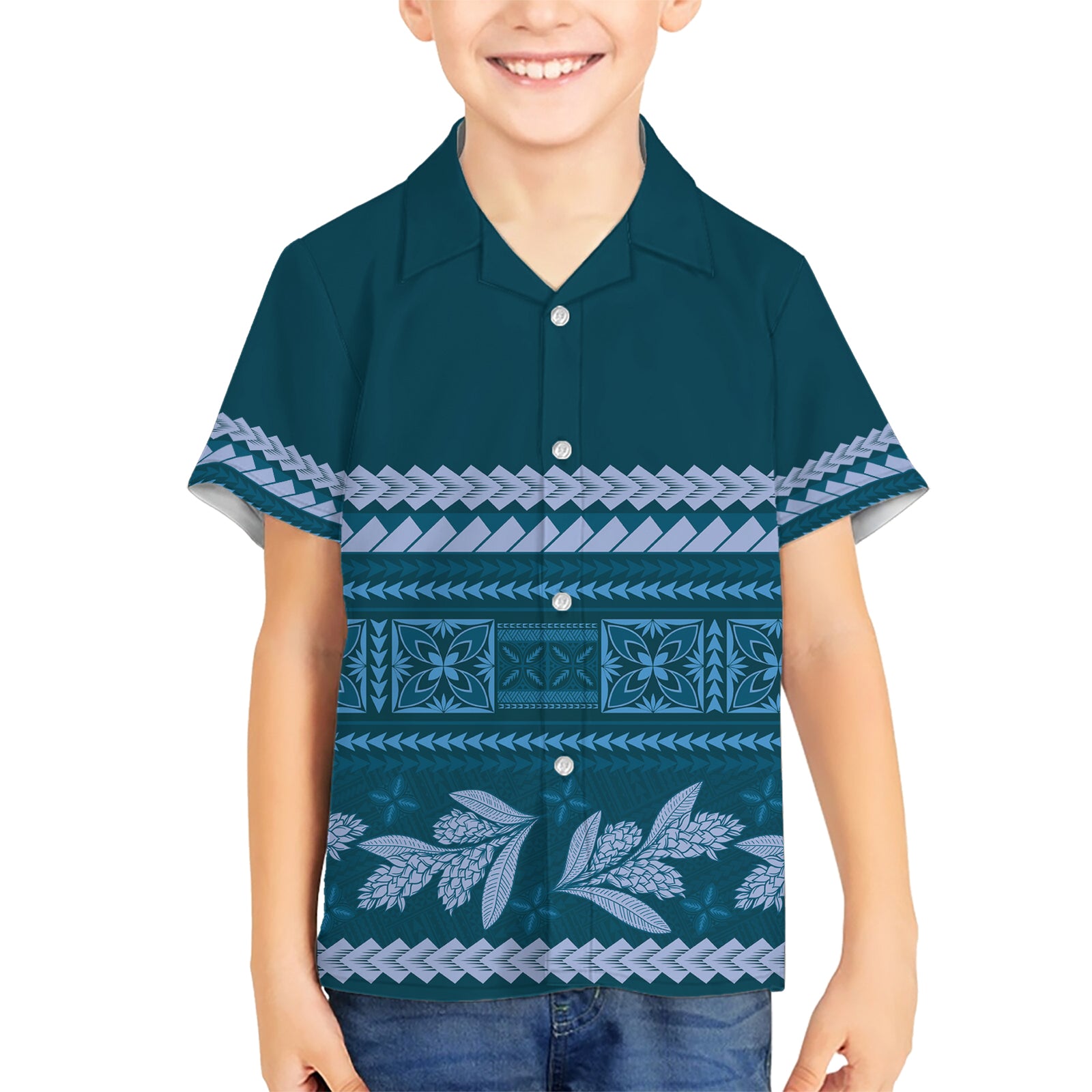 Dark Cyan Samoa Siapo Teuila Flowers Kid Hawaiian Shirt