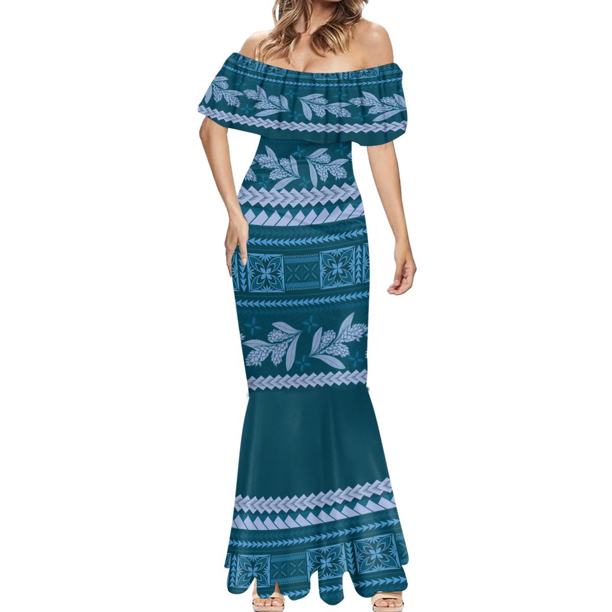 Dark Cyan Samoa Siapo Teuila Flowers Mermaid Dress LT14 - Polynesian Pride