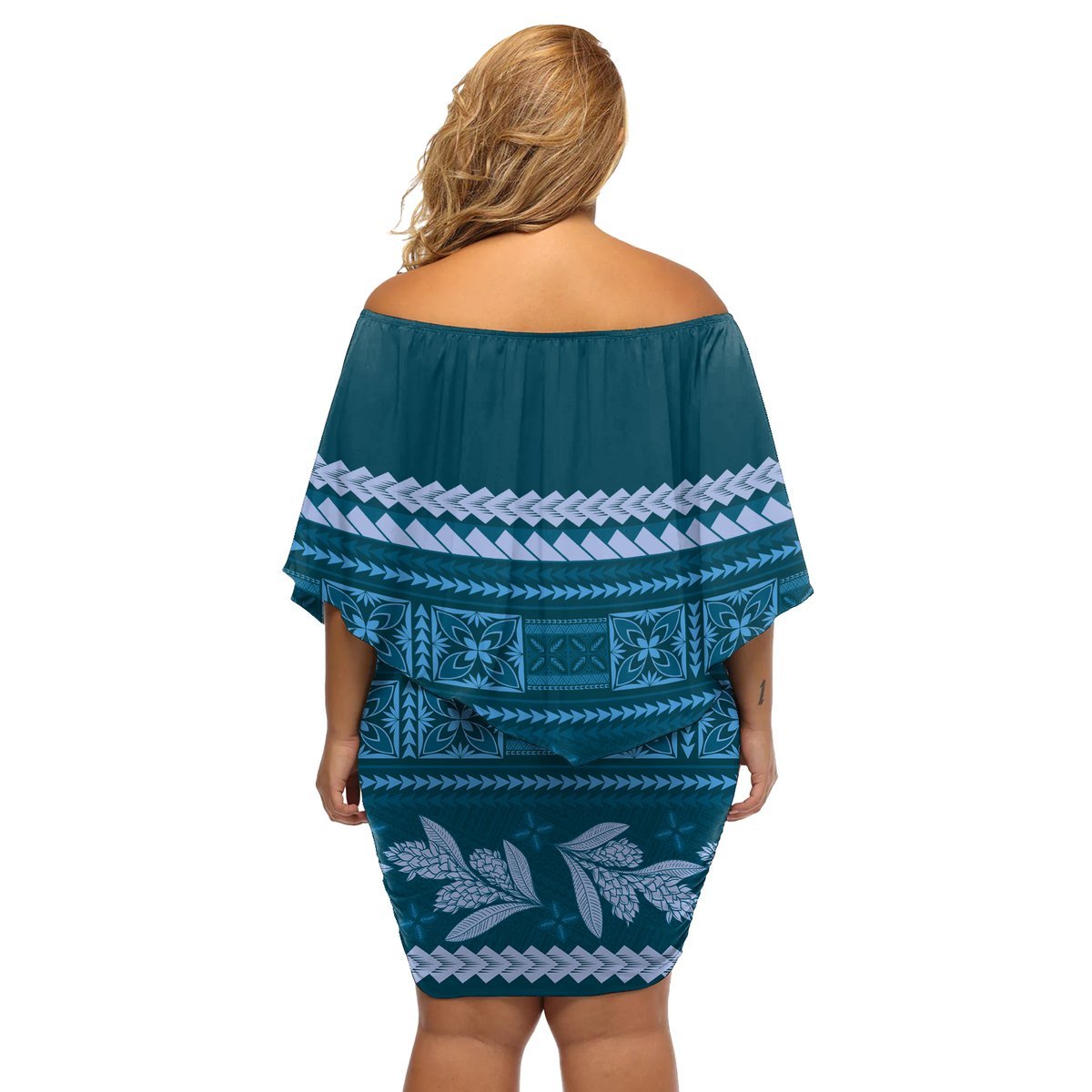 Dark Cyan Samoa Siapo Teuila Flowers Off Shoulder Short Dress LT14 - Polynesian Pride