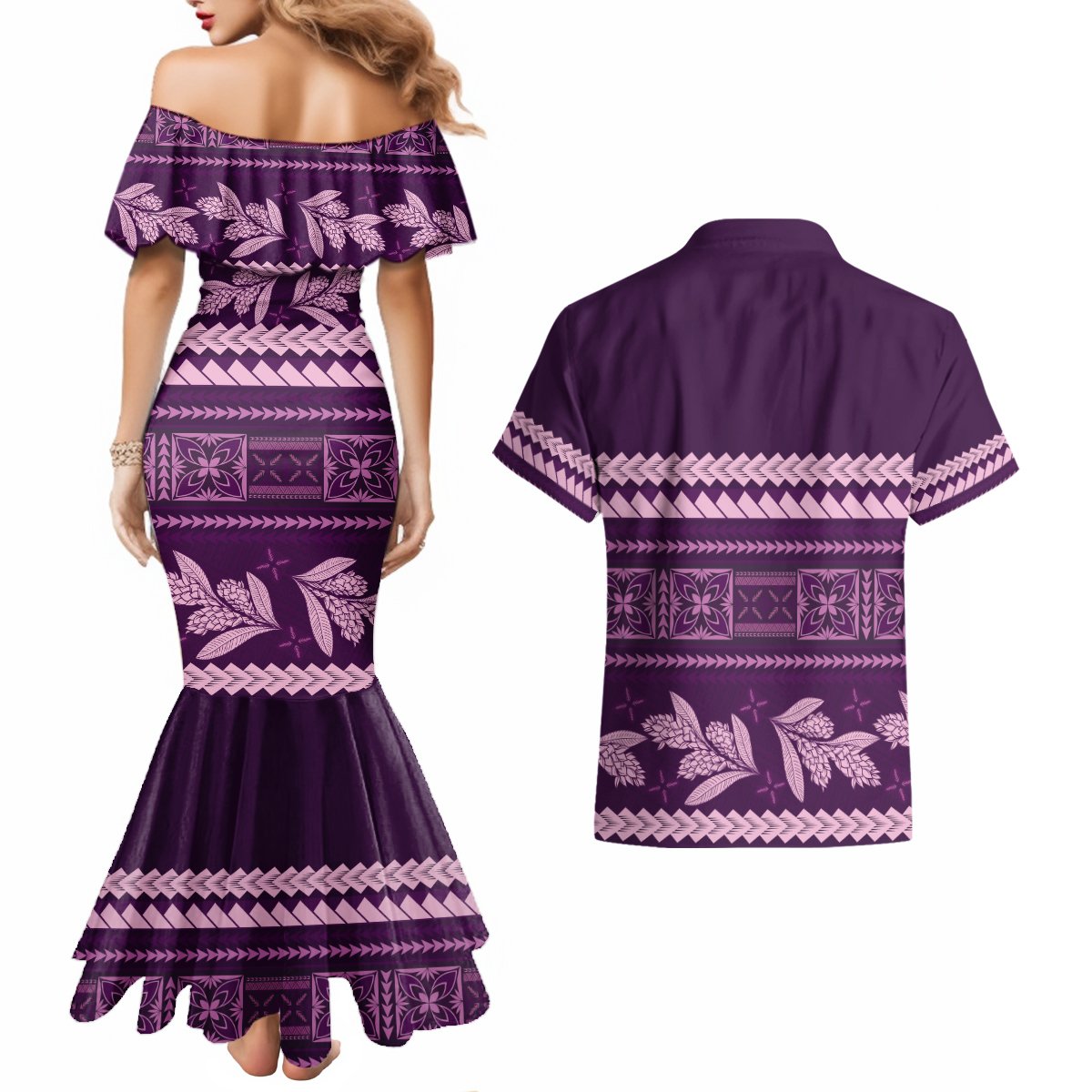 Purple Samoa Siapo Teuila Flowers Couples Matching Mermaid Dress and Hawaiian Shirt LT14 - Polynesian Pride