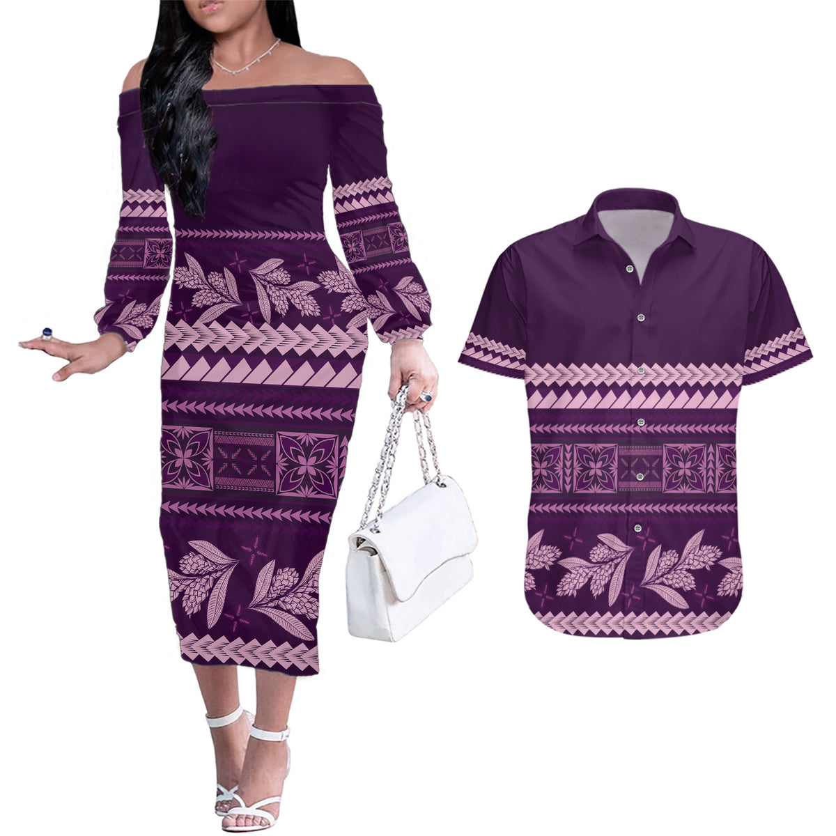 Purple Samoa Siapo Teuila Flowers Couples Matching Off The Shoulder Long Sleeve Dress and Hawaiian Shirt LT14 Purple - Polynesian Pride