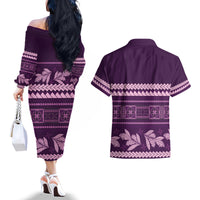 Purple Samoa Siapo Teuila Flowers Couples Matching Off The Shoulder Long Sleeve Dress and Hawaiian Shirt LT14 - Polynesian Pride