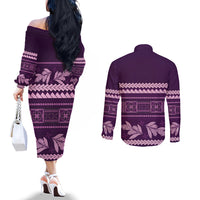 Purple Samoa Siapo Teuila Flowers Couples Matching Off The Shoulder Long Sleeve Dress and Long Sleeve Button Shirt LT14 - Polynesian Pride