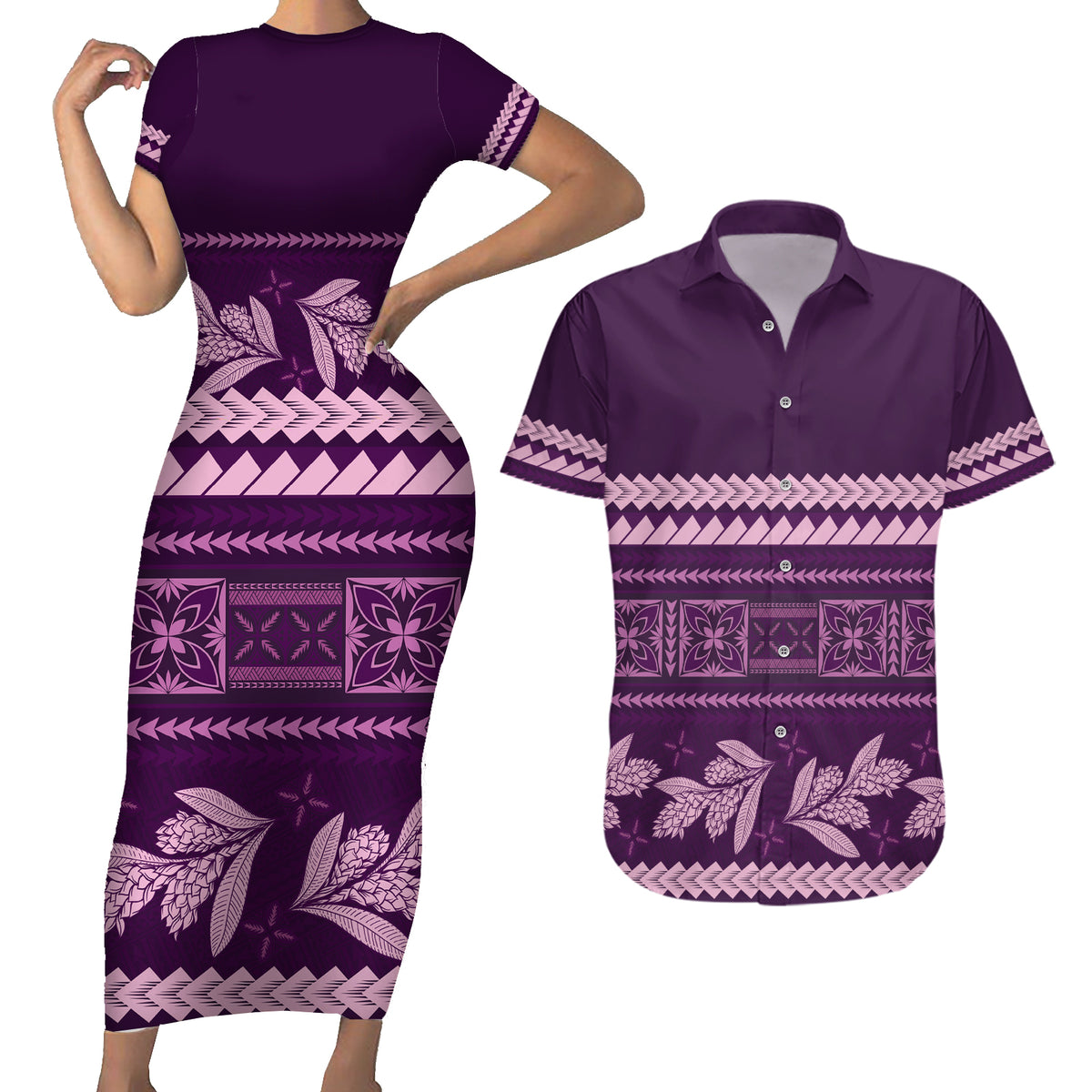 Purple Samoa Siapo Teuila Flowers Couples Matching Short Sleeve Bodycon Dress and Hawaiian Shirt LT14 Purple - Polynesian Pride