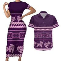 Purple Samoa Siapo Teuila Flowers Couples Matching Short Sleeve Bodycon Dress and Hawaiian Shirt LT14 Purple - Polynesian Pride