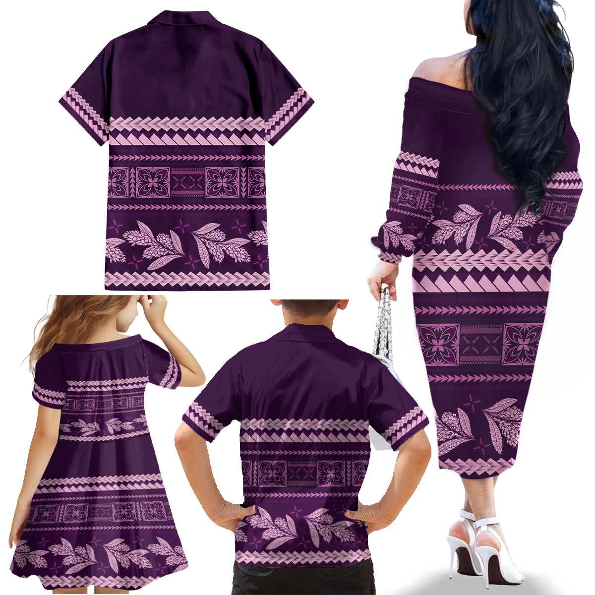 Purple Samoa Siapo Teuila Flowers Family Matching Off The Shoulder Long Sleeve Dress and Hawaiian Shirt LT14 - Polynesian Pride