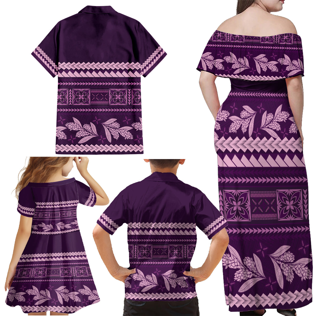 Purple Samoa Siapo Teuila Flowers Family Matching Off Shoulder Maxi Dress and Hawaiian Shirt LT14 - Polynesian Pride