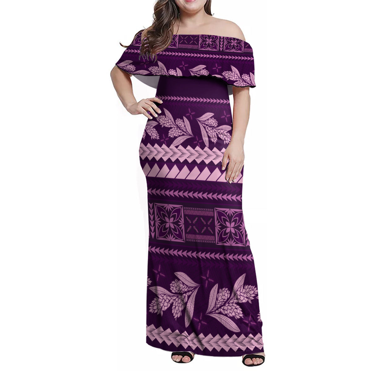 Purple Samoa Siapo Teuila Flowers Family Matching Off Shoulder Maxi Dress and Hawaiian Shirt LT14 Mom's Dress Purple - Polynesian Pride