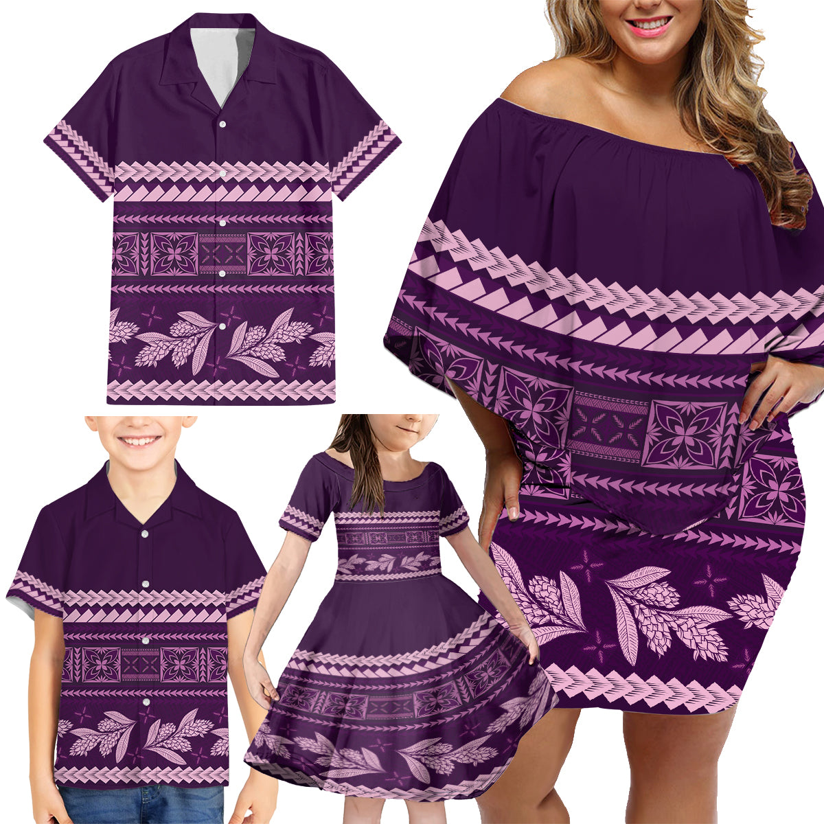 Purple Samoa Siapo Teuila Flowers Family Matching Off Shoulder Short Dress and Hawaiian Shirt LT14 - Polynesian Pride