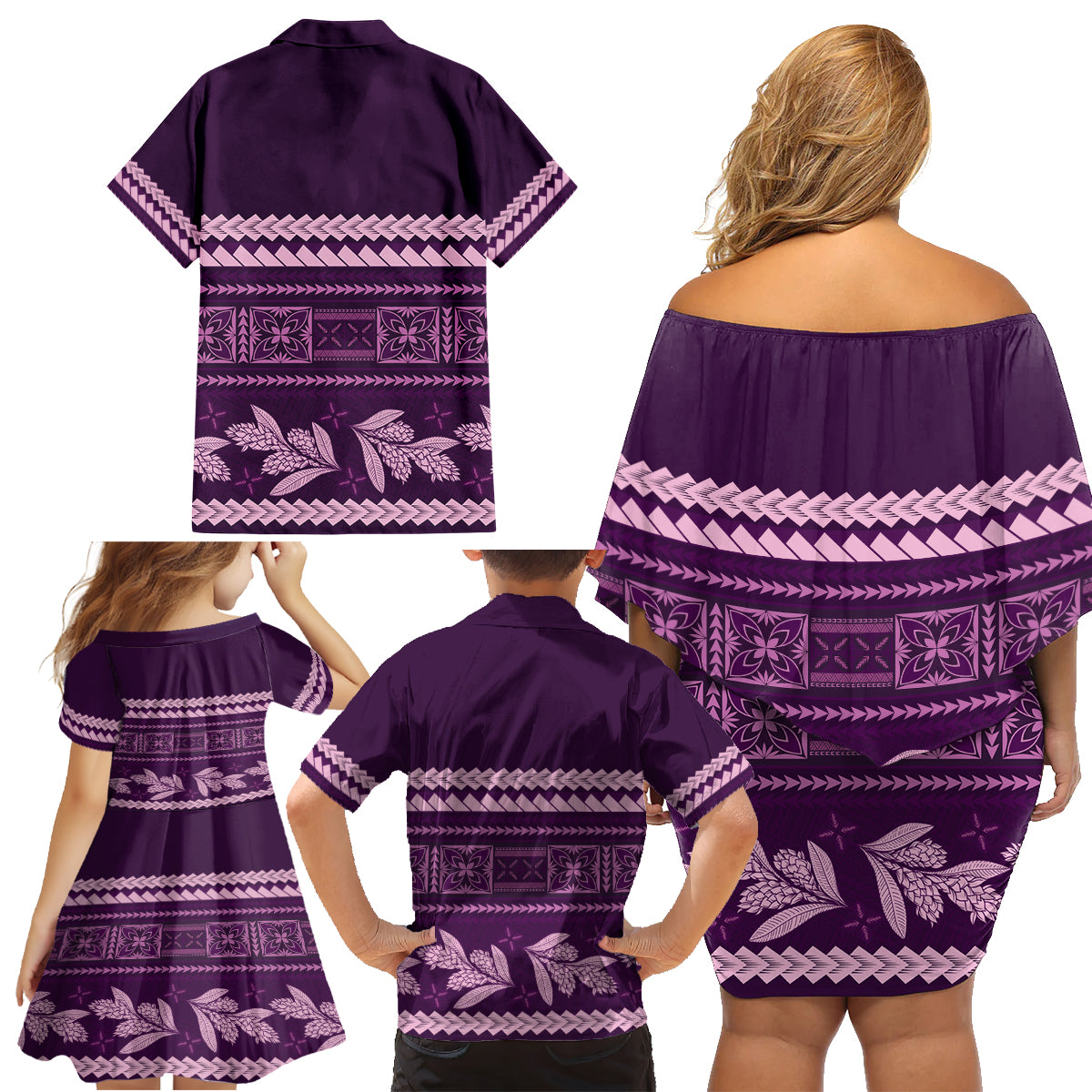 Purple Samoa Siapo Teuila Flowers Family Matching Off Shoulder Short Dress and Hawaiian Shirt LT14 - Polynesian Pride