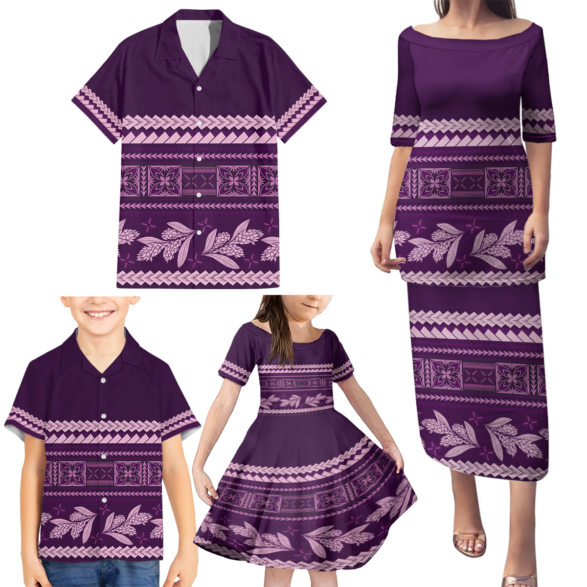 Purple Samoa Siapo Teuila Flowers Family Matching Puletasi and Hawaiian Shirt LT14 - Polynesian Pride