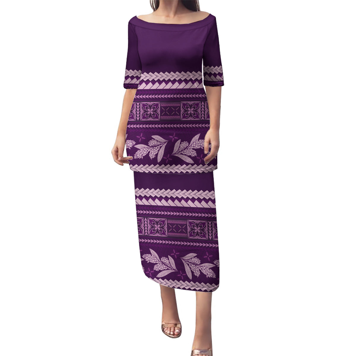 Purple Samoa Siapo Teuila Flowers Family Matching Puletasi and Hawaiian Shirt LT14 Mom's Dress Purple - Polynesian Pride