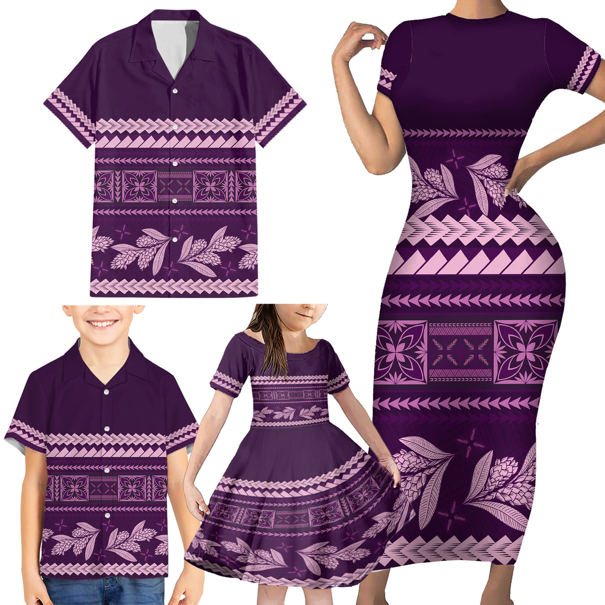 Purple Samoa Siapo Teuila Flowers Family Matching Short Sleeve Bodycon Dress and Hawaiian Shirt LT14 - Polynesian Pride