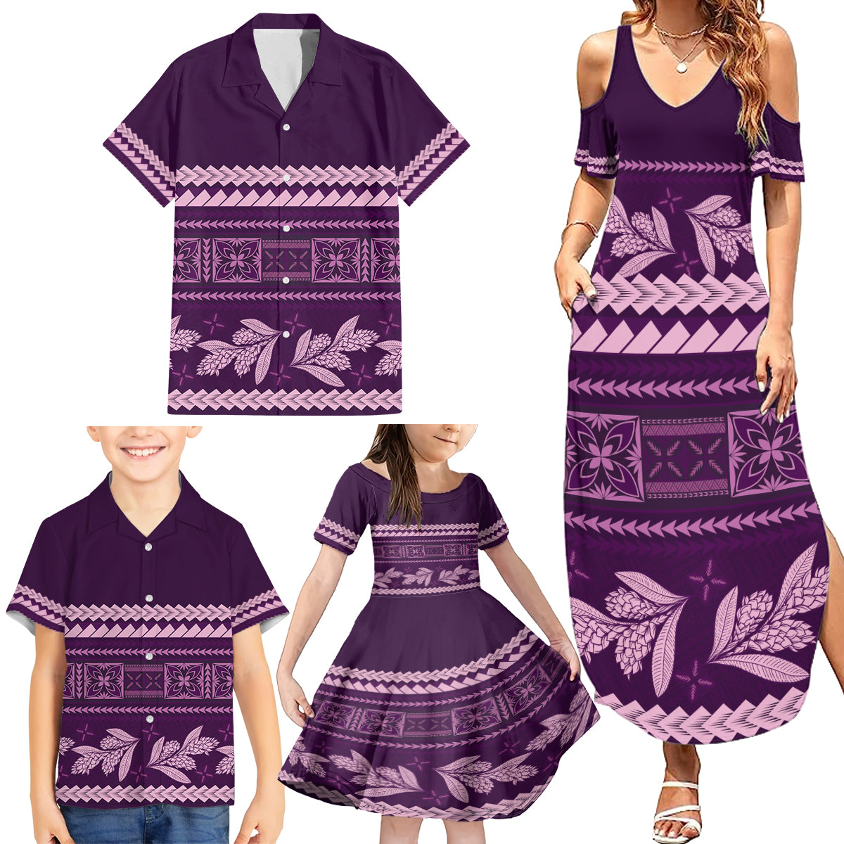 Purple Samoa Siapo Teuila Flowers Family Matching Summer Maxi Dress and Hawaiian Shirt LT14 - Polynesian Pride