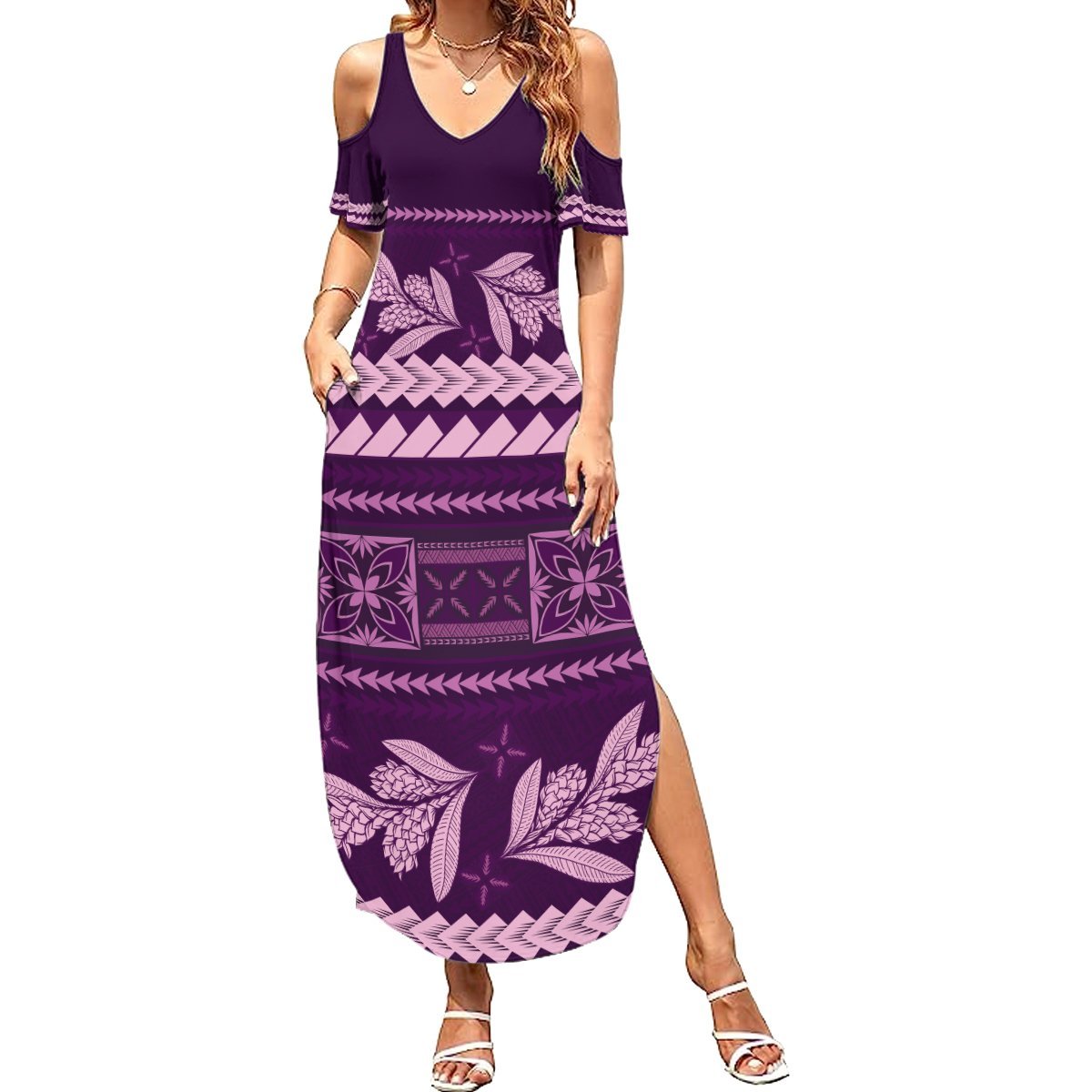 Purple Samoa Siapo Teuila Flowers Summer Maxi Dress LT14 Women Purple - Polynesian Pride