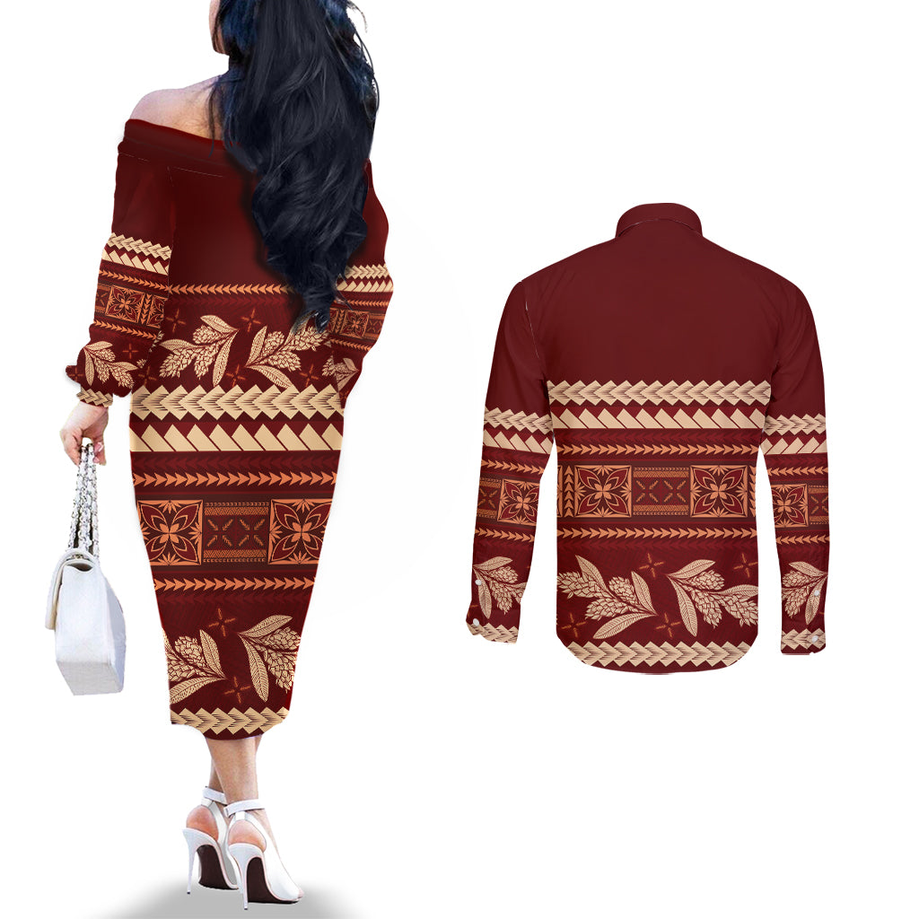 Red Samoa Siapo Teuila Flowers Couples Matching Off The Shoulder Long Sleeve Dress and Long Sleeve Button Shirt