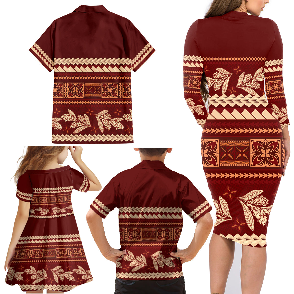 Red Samoa Siapo Teuila Flowers Family Matching Long Sleeve Bodycon Dress and Hawaiian Shirt LT14 - Polynesian Pride